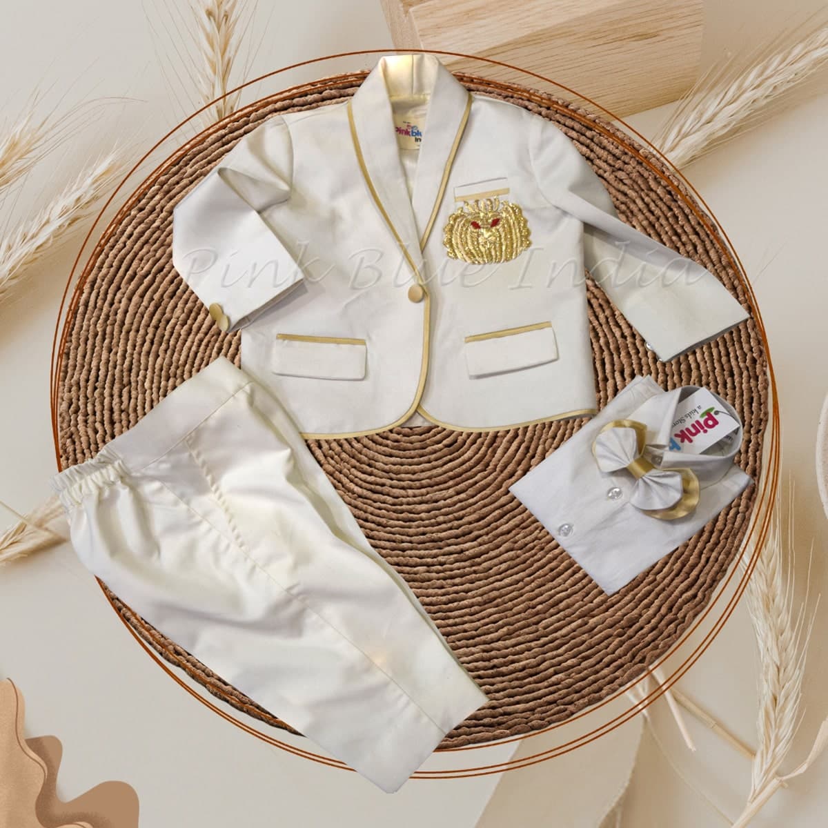Kids tuxedo suit in off white with embroidery, classy celebration outfit