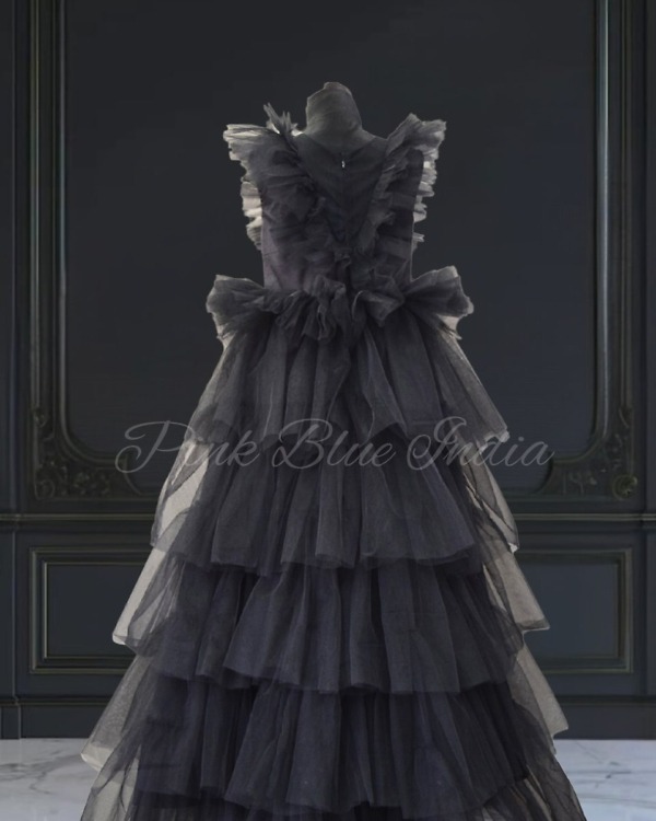 Wednesday style black dress for baby girl, costume party wear, trendy stylish outfit