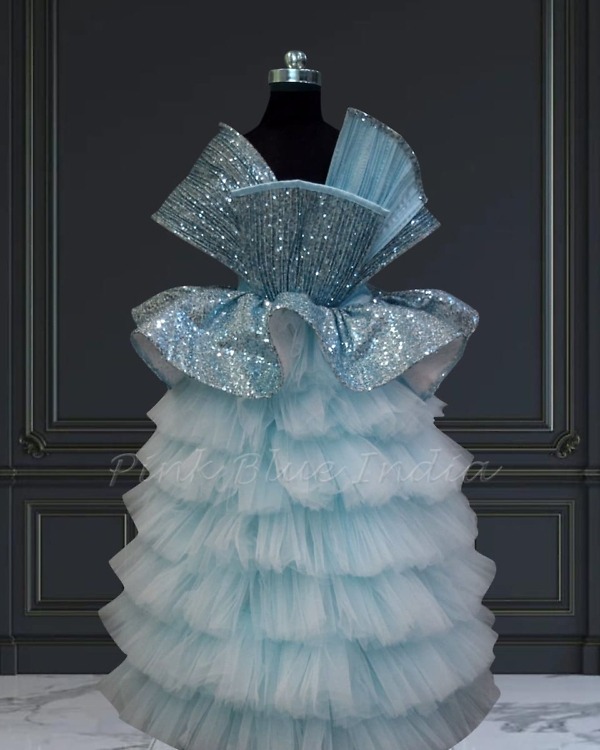 Blue frozen theme gown for baby girl birthday outfit cute princess party wear