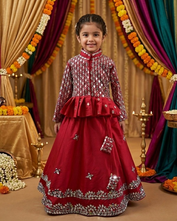 Girls Peplum Top with Mirror Work Lehenga
