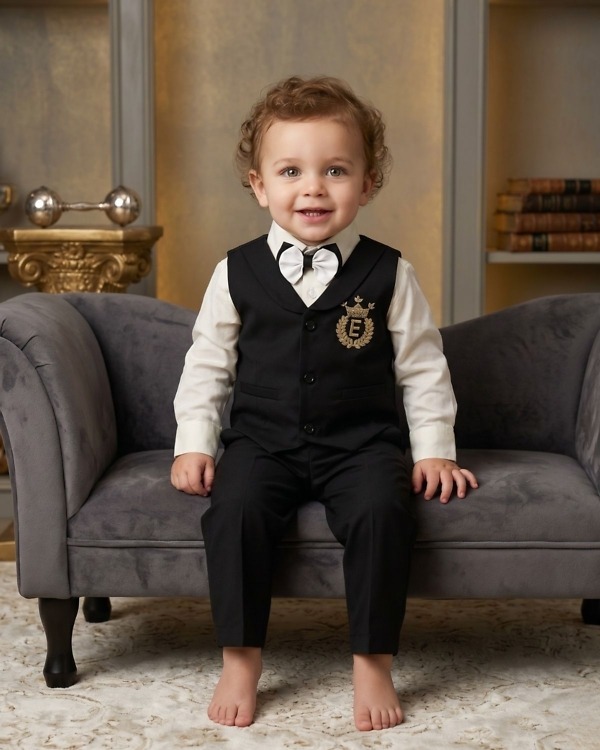 Toddler boy black embroidered birthdate waistcoat with white shirt for first birthday party