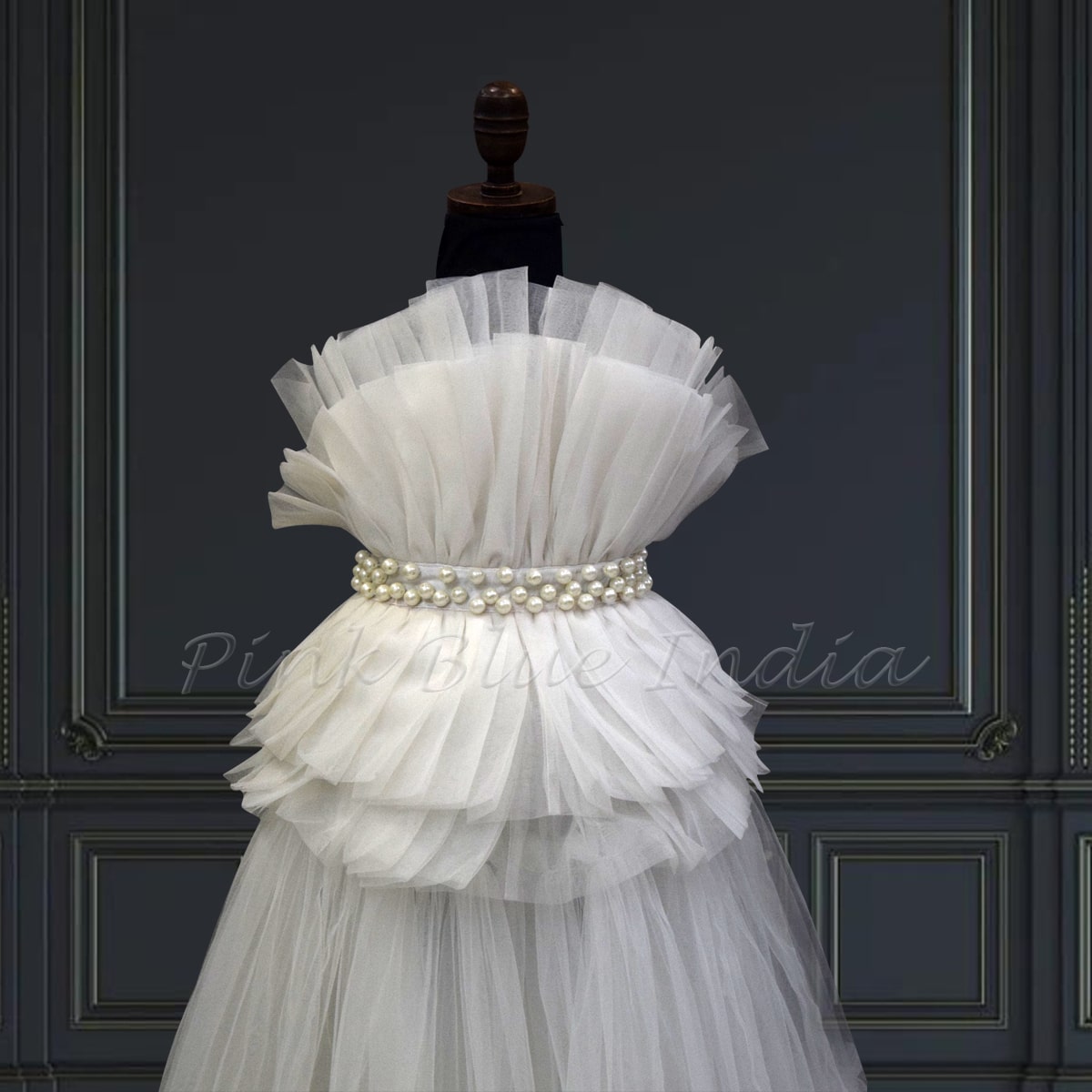 White two piece dress with pearl belt for baby girl birthday outfit elegant