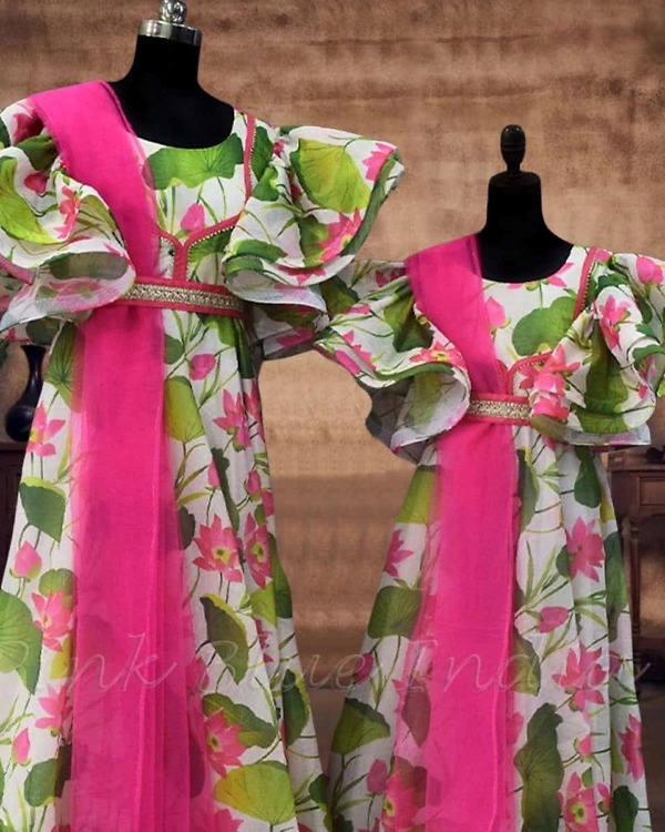 Mother daughter floral gowns combo family matching wedding party wear stylish outfit
