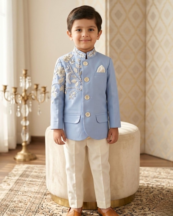 Cute baby boy blue kurta white pajama set, stylish ethnic wear for festive occasions
