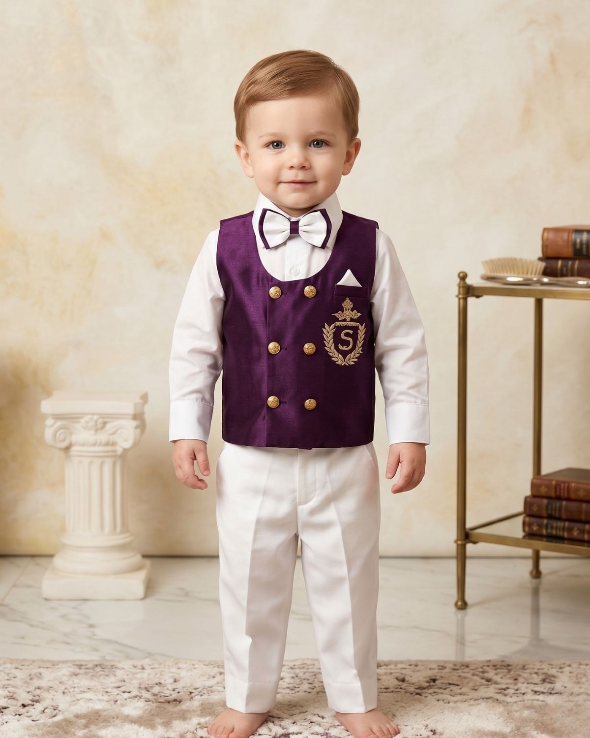 Baby boy purple printed personalized waistcoat with white pants for engagement ceremony party