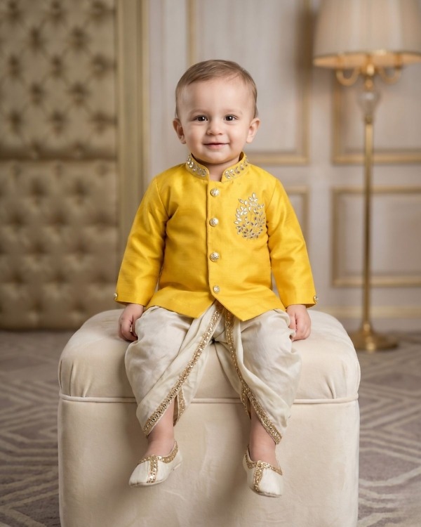Baby boy yellow kurta white pajama set, festive ethnic wear for haldi & birthday parties