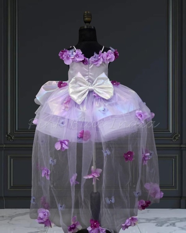 Lavender birthday gown for girls with floral train, elegant princess party wear