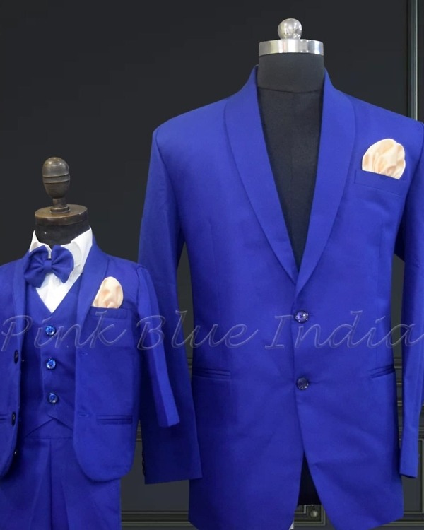 Dad and son matching royal blue outfits, elegant wedding ethnic wear