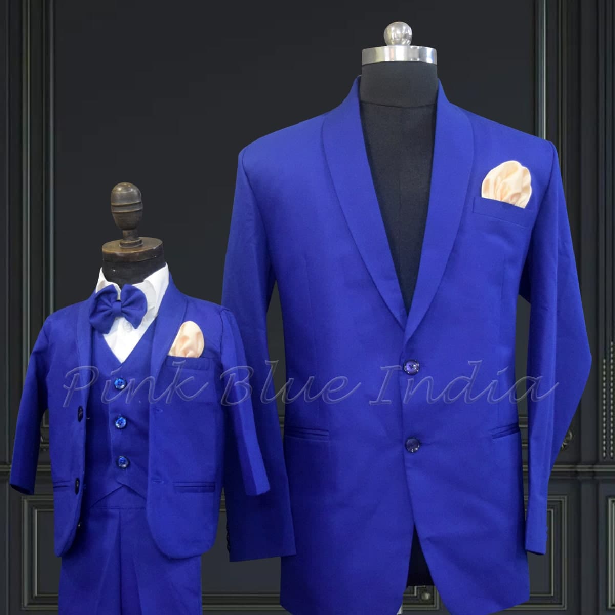 Dad and son matching royal blue outfits, elegant wedding ethnic wear