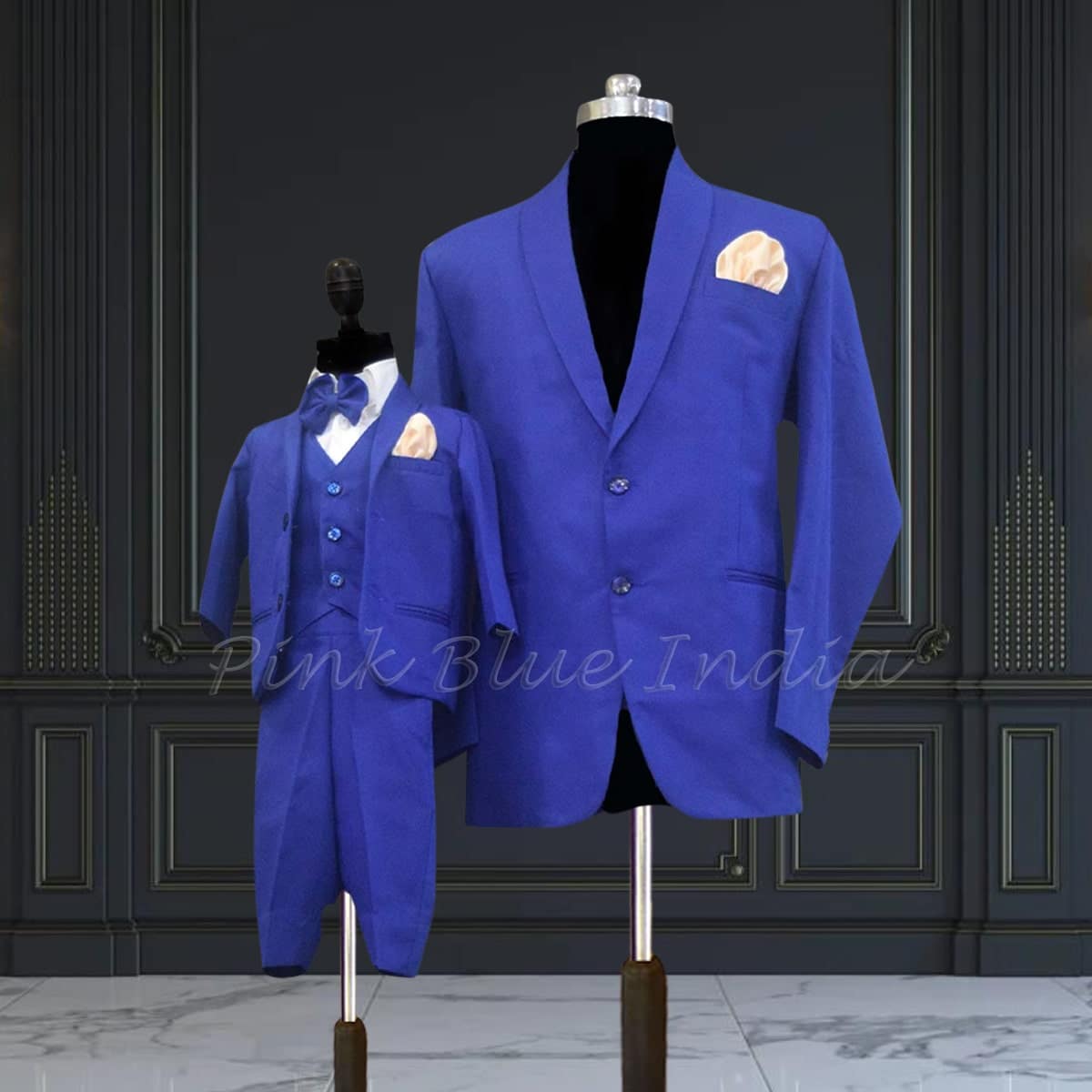 Dad son matching royal blue outfits for family celebration stylish coordinated