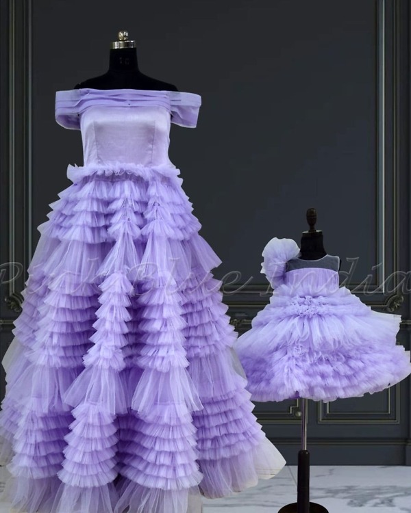 Mother daughter matching layered gown set birthday party wear stylish family outfit