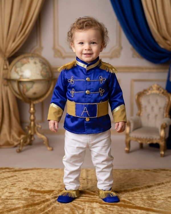 Prince charming costume for boys, a fairytale-inspired first birthday party outfit with regal storybook flair