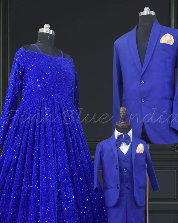 Family matching royal blue outfits for wedding, coordinated ethnic wear
