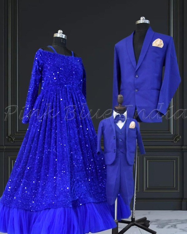 Family matching royal blue outfits for parents and kids festive party look