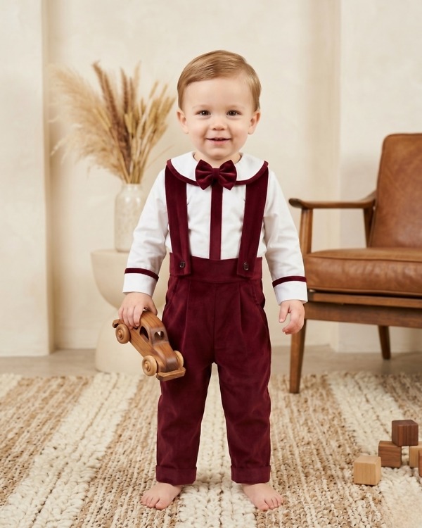 Baby boy maroon suspenders with shirt and pants, a classic vintage birthday celebration set for party shoots