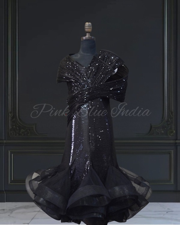 Girls Black Fish Cut Designer Gown Party Wear Outfit Pink Blue India