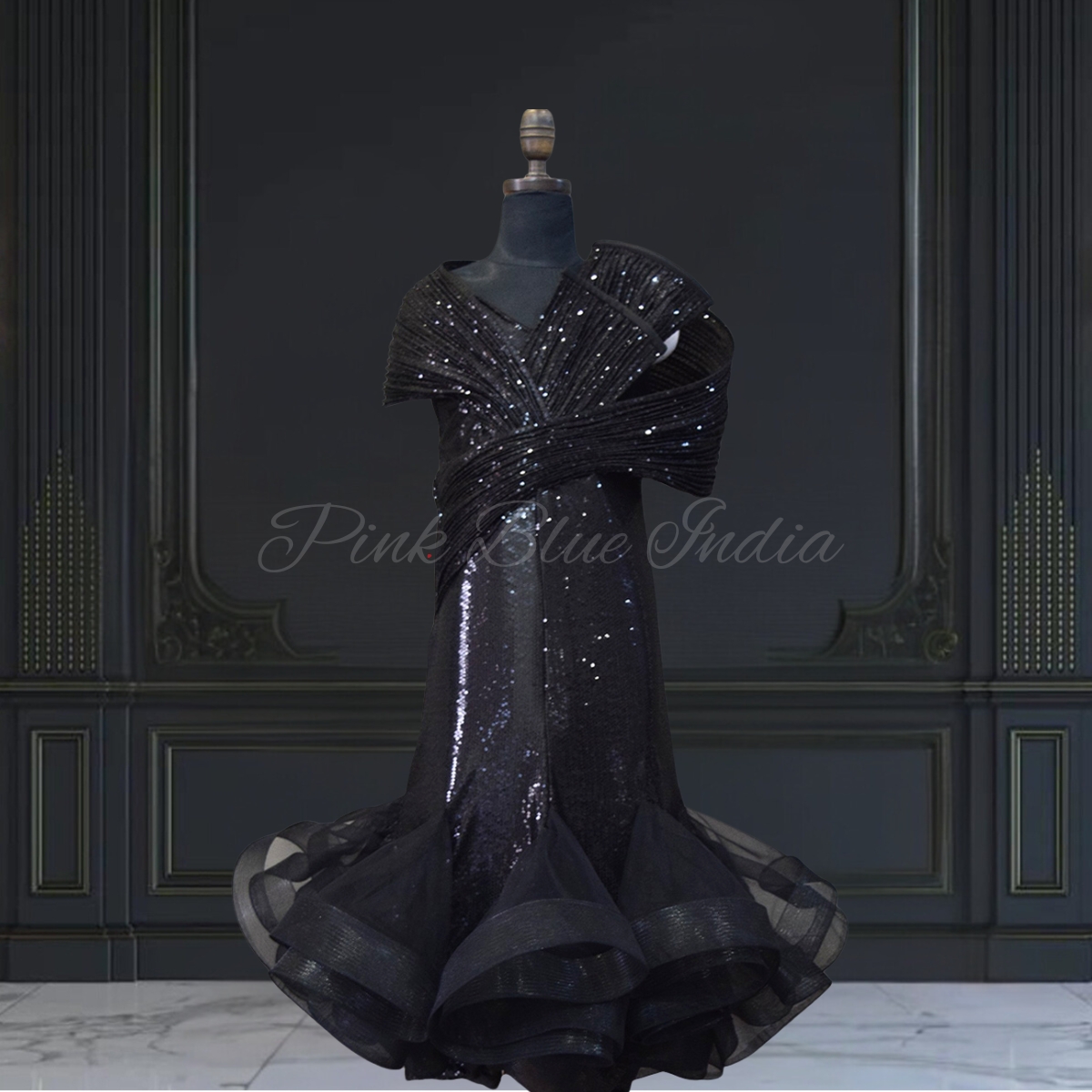 Girls Black Fish Cut Designer Gown Party Wear Outfit Pink Blue India