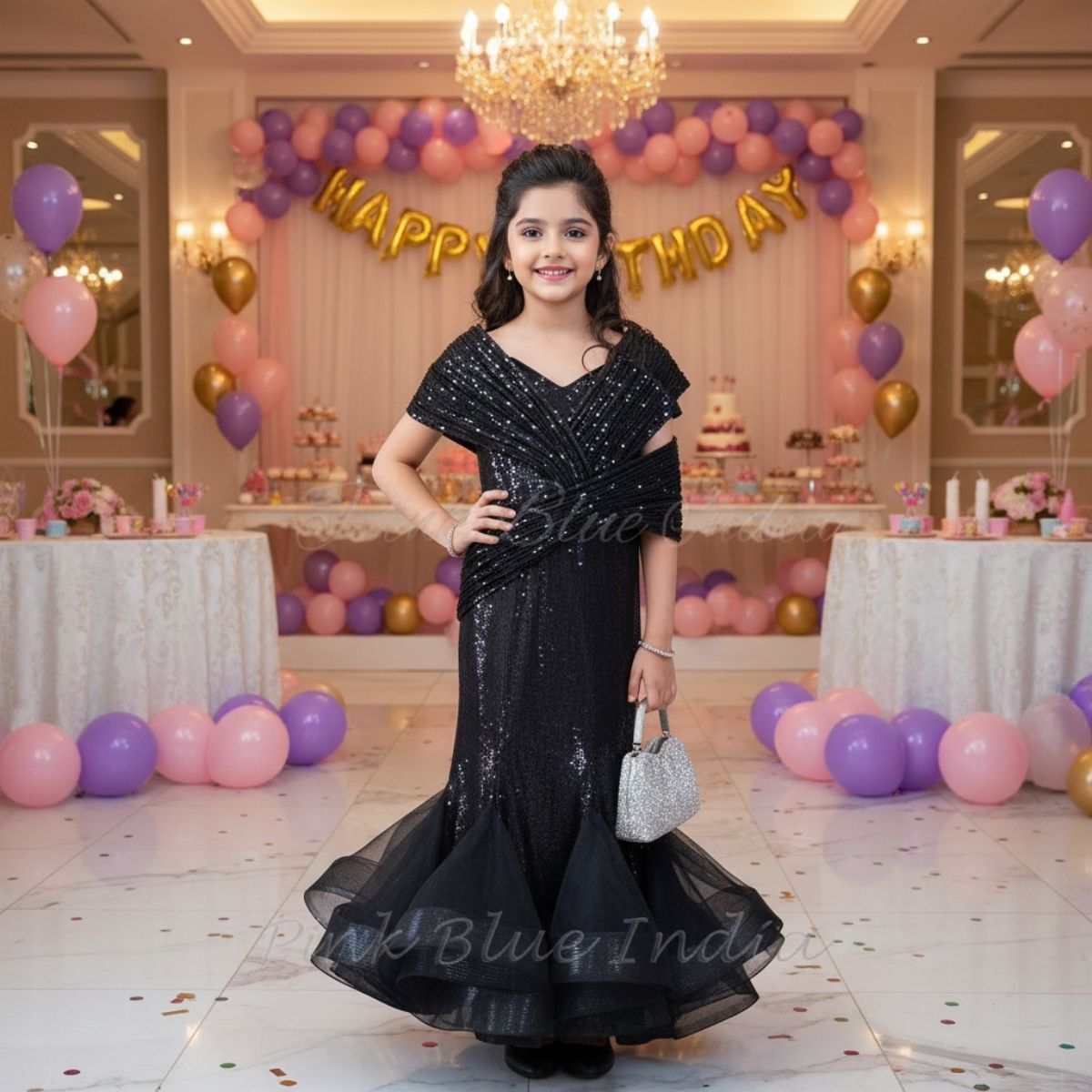 Girls Black Fish Cut Designer Gown Elegant Party Outfit Pink Blue India