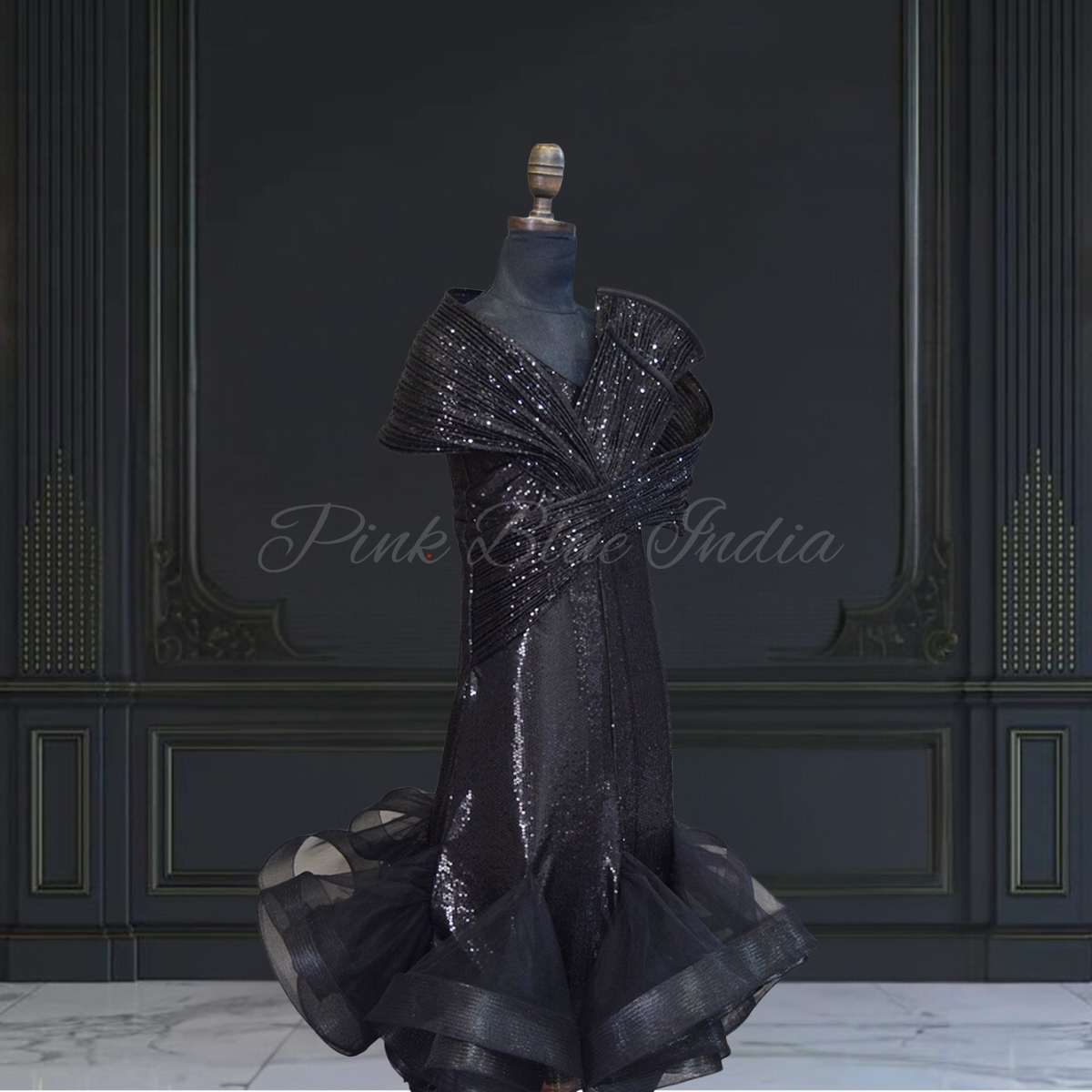 Buy Girls Black Fish Cut Designer Gown Elegant Party Wear Dress Pink Blue India