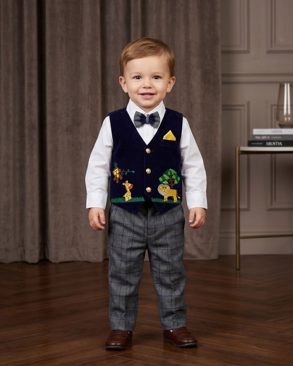 Kids boy black jungle theme waistcoat with checked pants and bow tie for birthday party gift