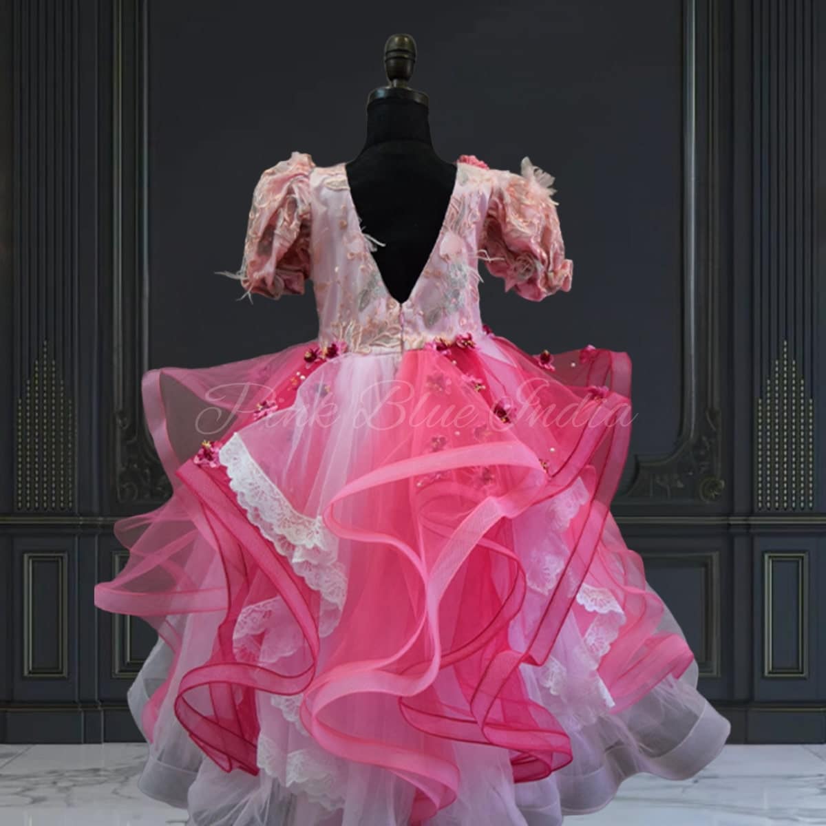 Pink floral layered gown for baby girl, birthday celebration wear, stylish look