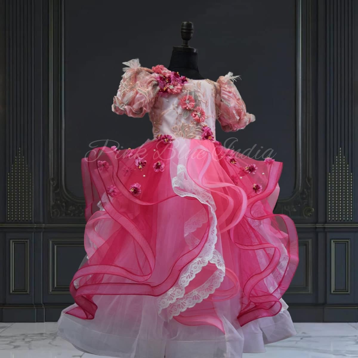 Designer pink layered flower dress for baby girl, birthday party wear, elegant look