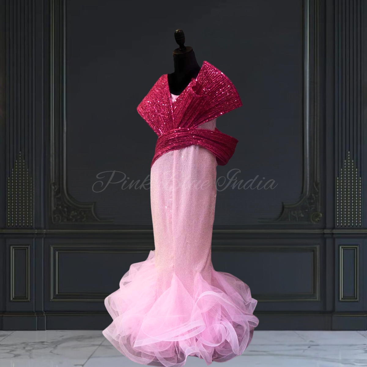 Girls Pink Fish Cut Gown Birthday Party Wear Dress Pink Blue India