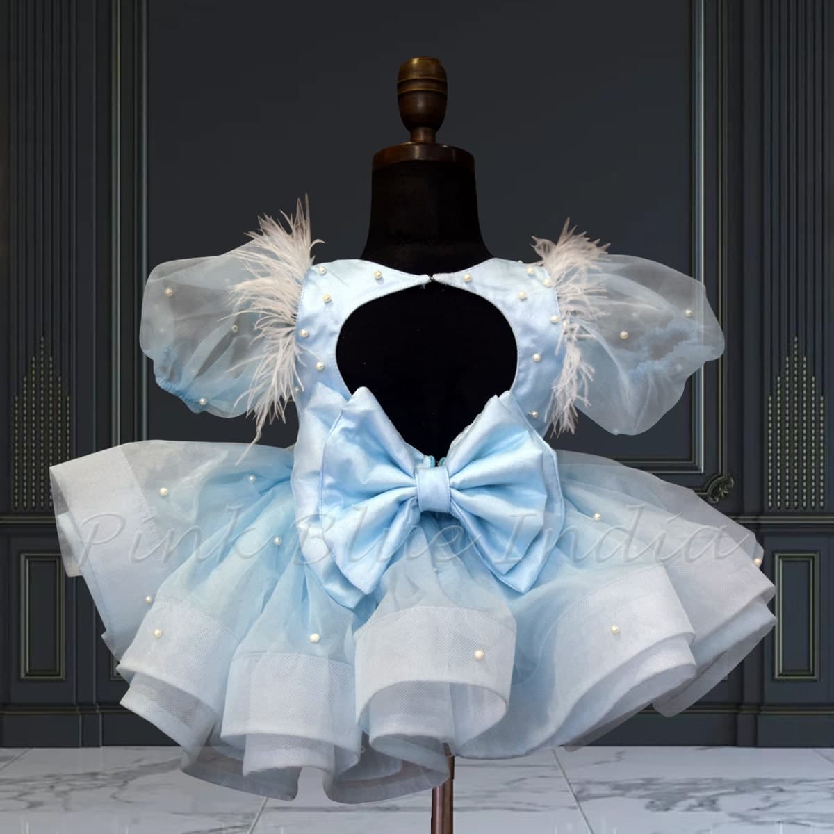 Blue first birthday dress for baby girl, princess puff gown