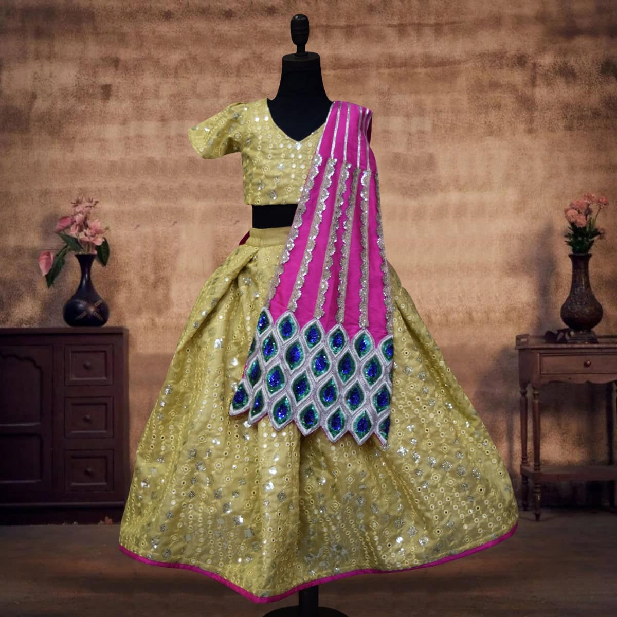 Girls ethnic lehenga choli set, stylish outfit for wedding celebrations