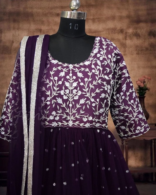 Mother daughter matching purple gowns, stylish coordinated party outfits