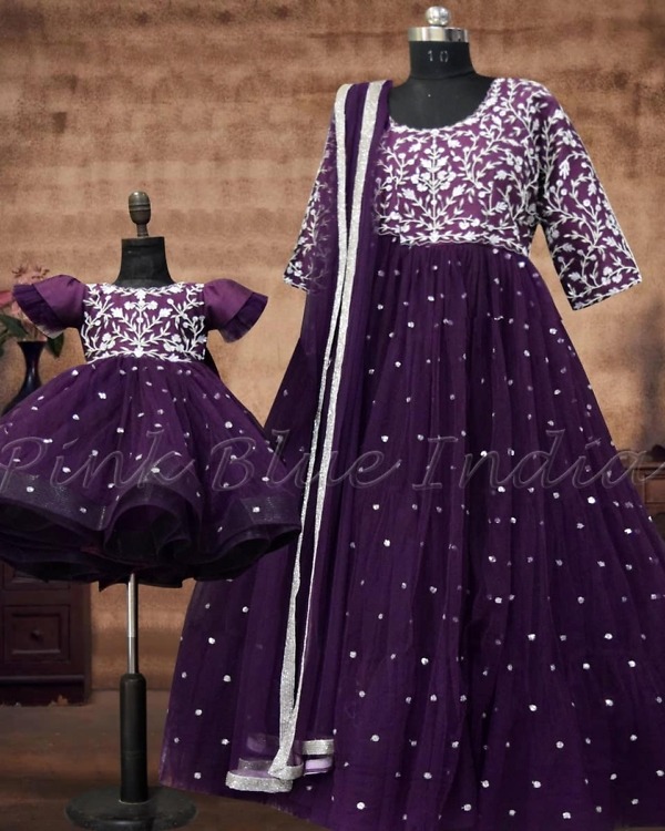 Mother daughter coordinated gowns in purple, stylish party look