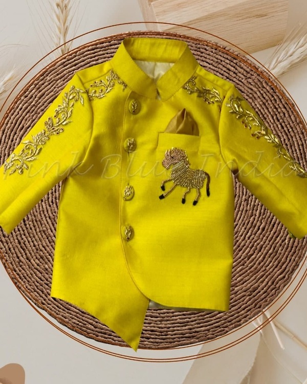 Baby boy yellow sherwani set, stylish ethnic wedding wear