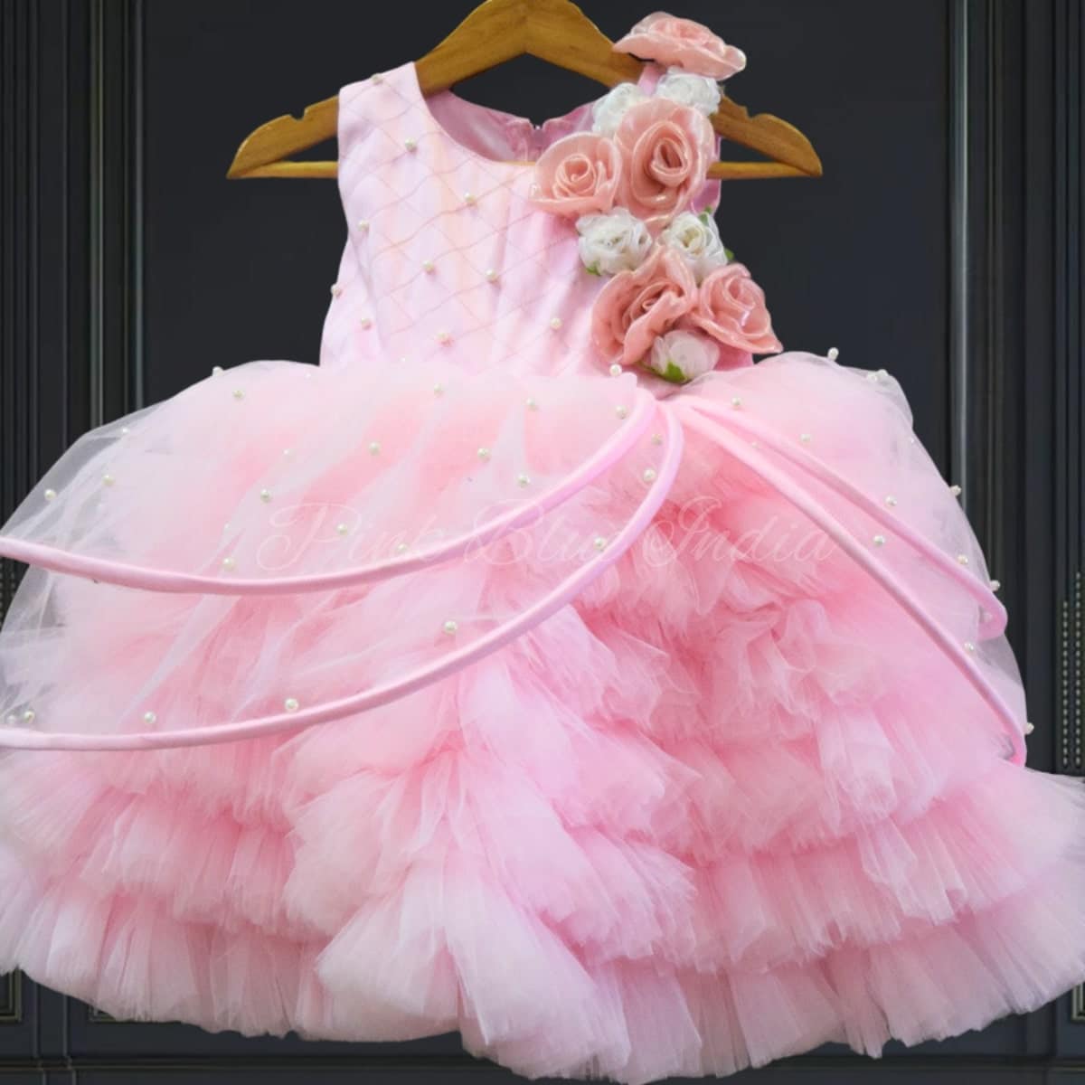 Pink butterfly wings baby girl dress, elegant celebration wear