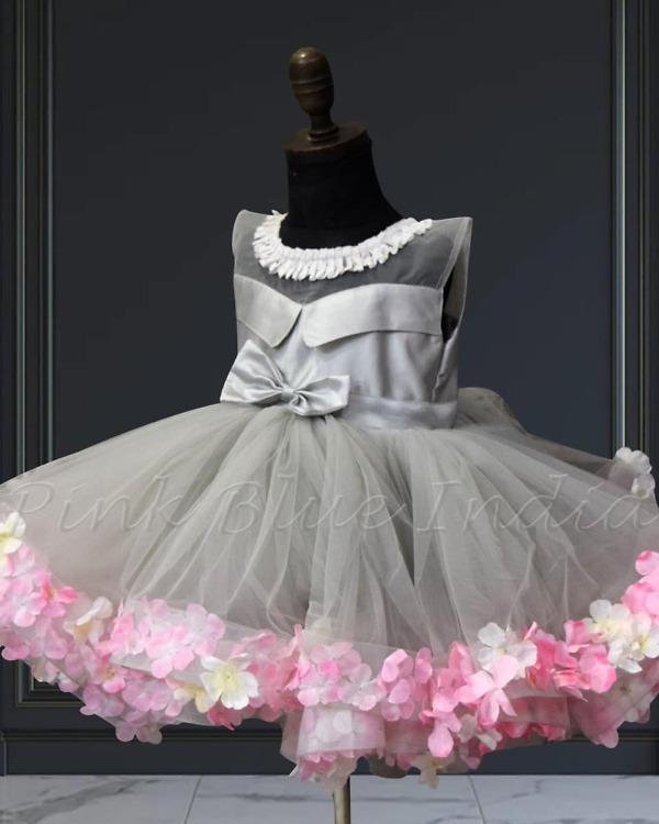 Kids grey puffy dress for birthday, elegant princess party wear
