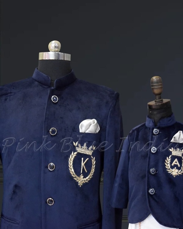 Father son blue jodhpuri suits for wedding, stylish coordinated outfits