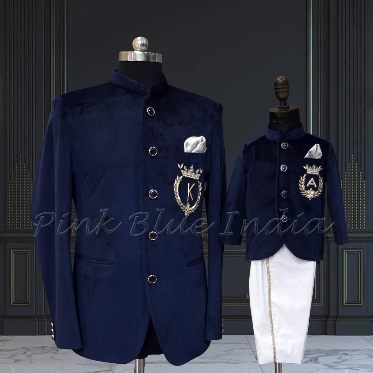 Father son coordinated jodhpuri outfits in blue, royal celebration wear