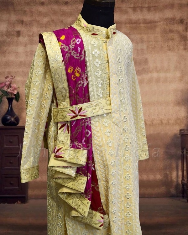 Golden silk dhoti kurta set for boys with handwork, festive wedding outfit
