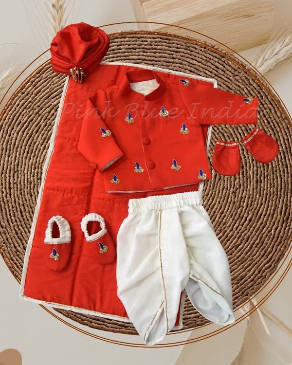 Infant boy jamna dress in red, ethnic ceremony wear for special occasions