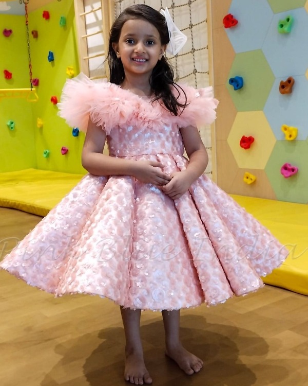 Girls peach party gown with panels, stylish birthday celebration wear