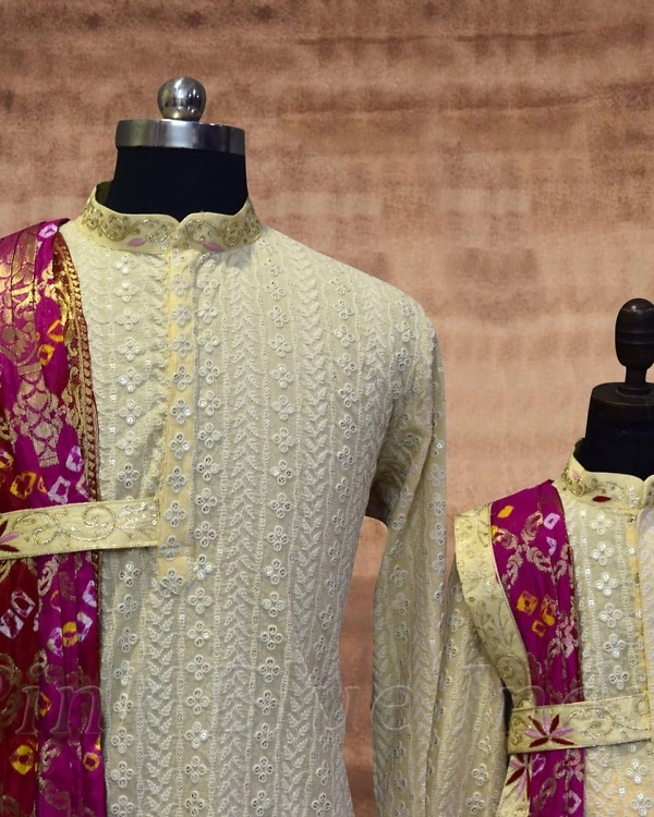 Father son wedding matching attire in royal style, classy celebration outfits