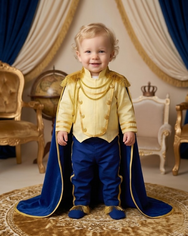Royal prince first birthday outfit with cape for baby boys, a regal storybook costume for cake-smash photoshoots