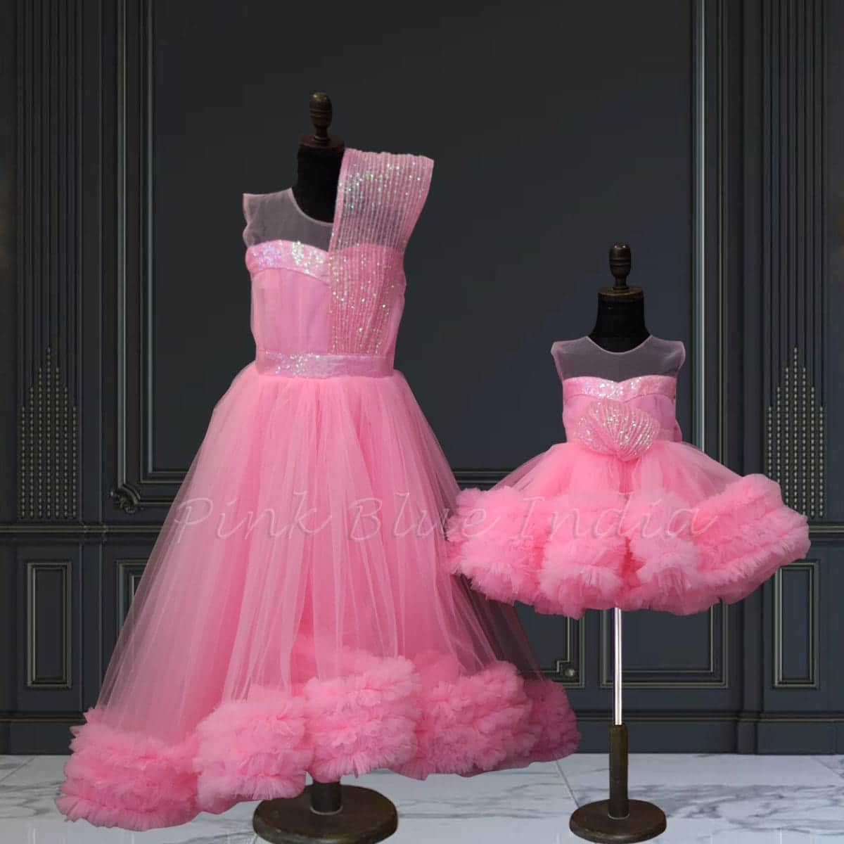 Matching pink dresses for mother daughter, party look, elegant & charming