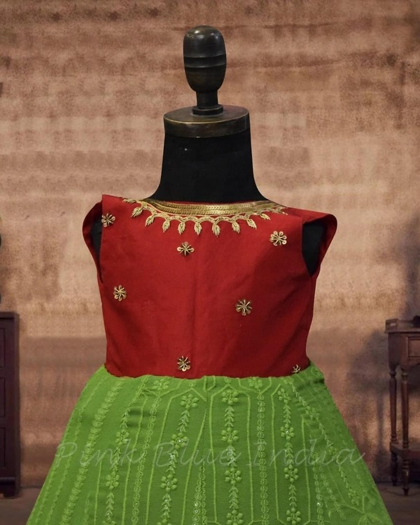 Girls chikankari handwork gown, red green tones, festive, graceful & stylish