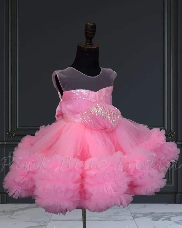 Baby girls pink frill party dress, Barbie style, birthday, playful & cute