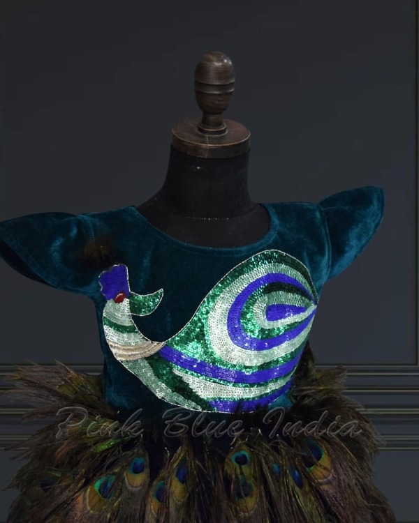 Peacock feather velvet gown for girls, rich colors, party wear, elegant