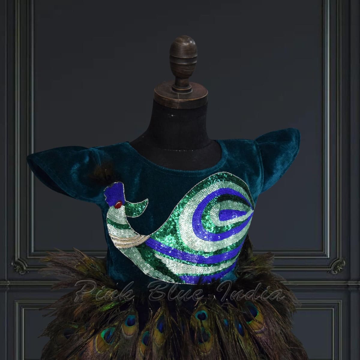 Peacock feather velvet gown for girls, rich colors, party wear, elegant