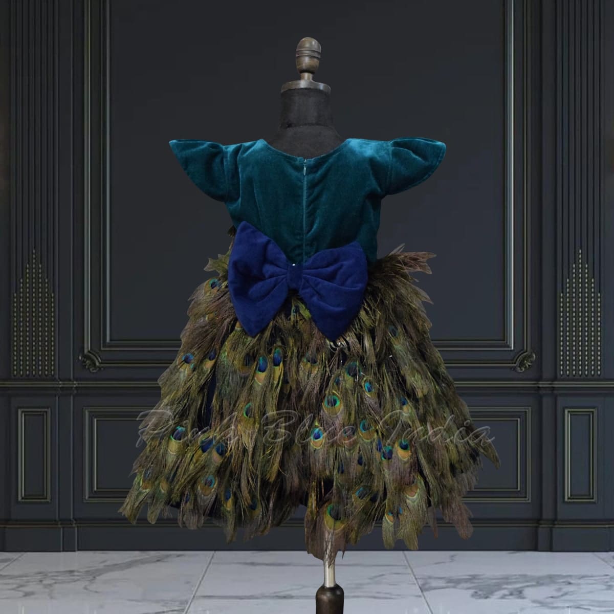 Girls peacock feather design velvet dress, party wear, elegant & stylish