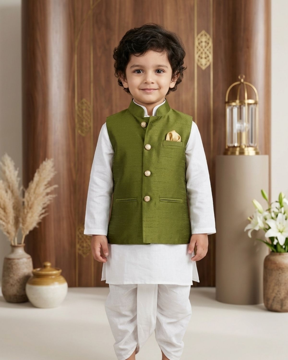 Baby boy white silk kurta pajama with green Nehru jacket for festival ethnic family function
