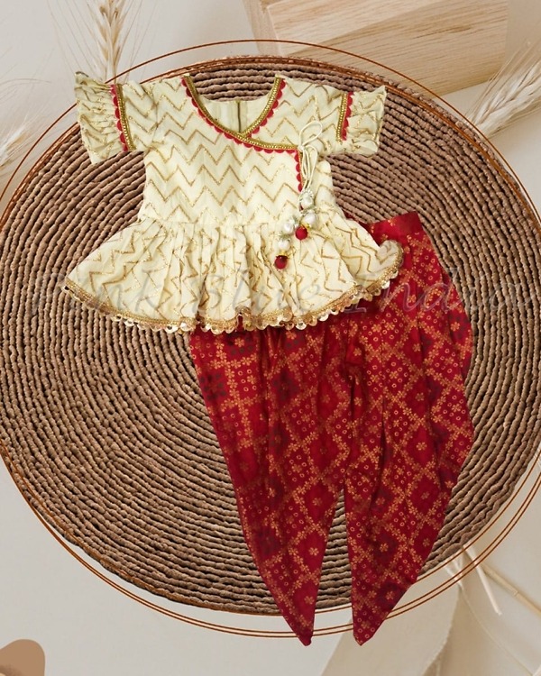 Printed dhoti set with peplum top for baby girls, festive wear, playful & cute