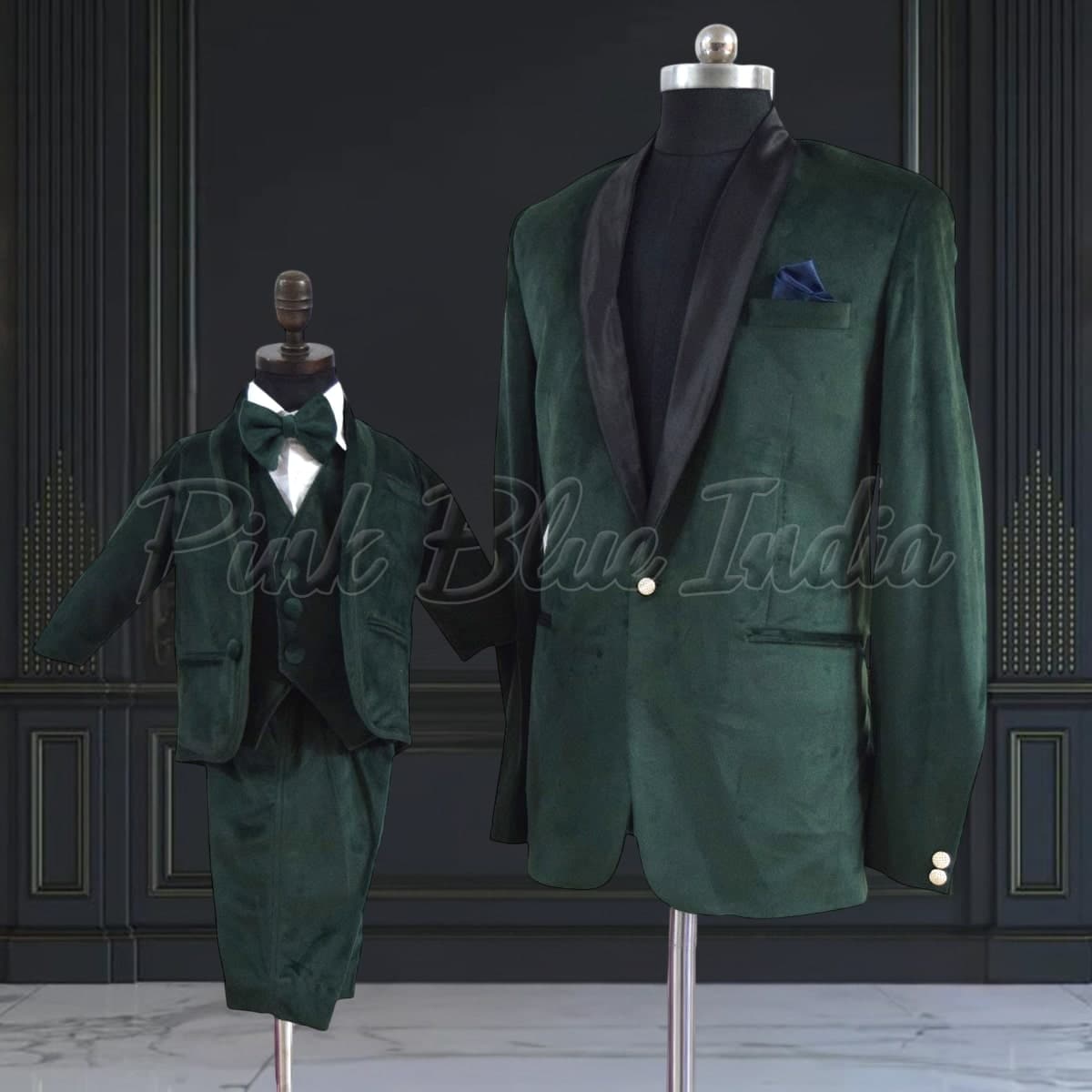 Coordinated father-son suits, navy blue, weddings, festive & charming